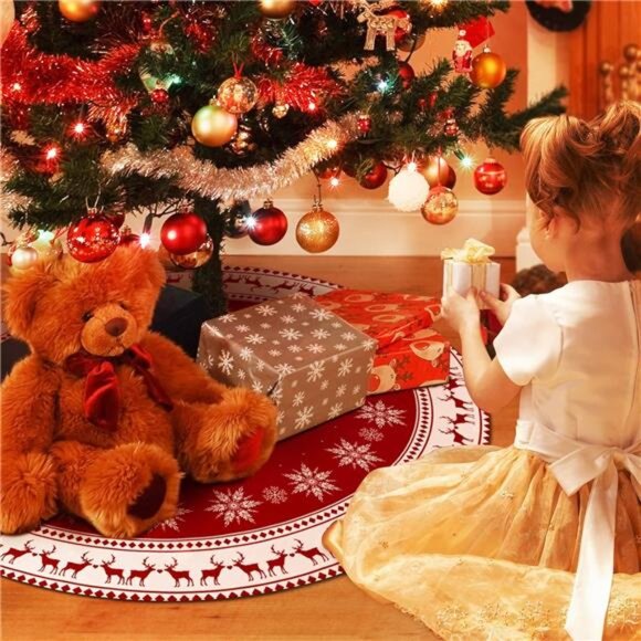 48-inch Christmas Tree Skirt - Snowflake & Reindeer Design, Rustic Red - Picture 2 of 7